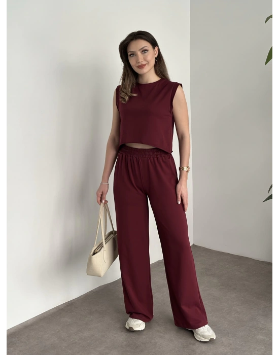 Marka etiketli sıfır kol eşofman takımı bordo