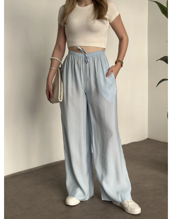 Marka etiketli tensel kumaş şalvar pantolon bebek mavisi