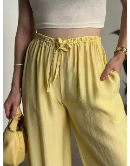 Marka etiketli tensel kumaş şalvar pantolon sarı