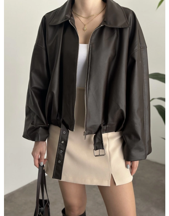 Marka model oversize kesim kemerli deri mont kahve