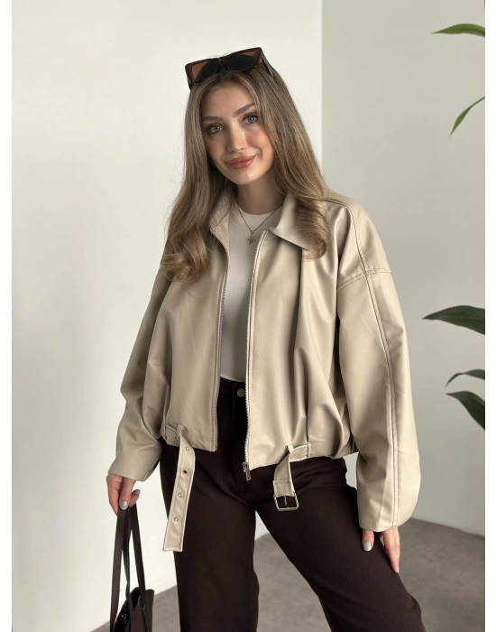 Marka model oversize kesim kemerli deri mont krem