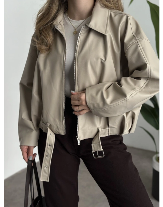 Marka model oversize kesim kemerli deri mont krem