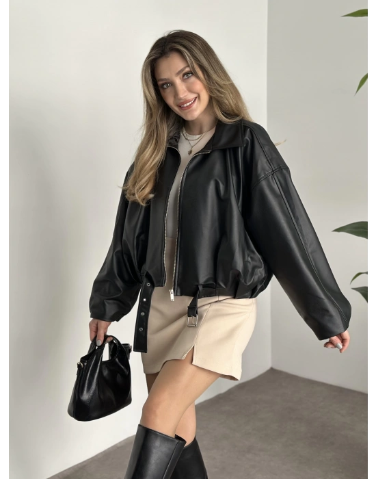 Marka model oversize kesim kemerli deri mont siyah
