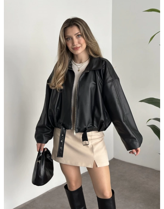 Marka model oversize kesim kemerli deri mont siyah