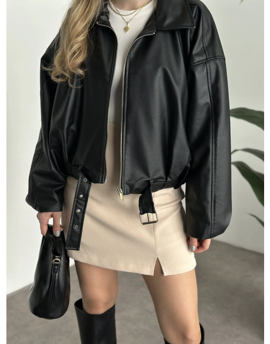 Marka model oversize kesim kemerli deri mont siyah
