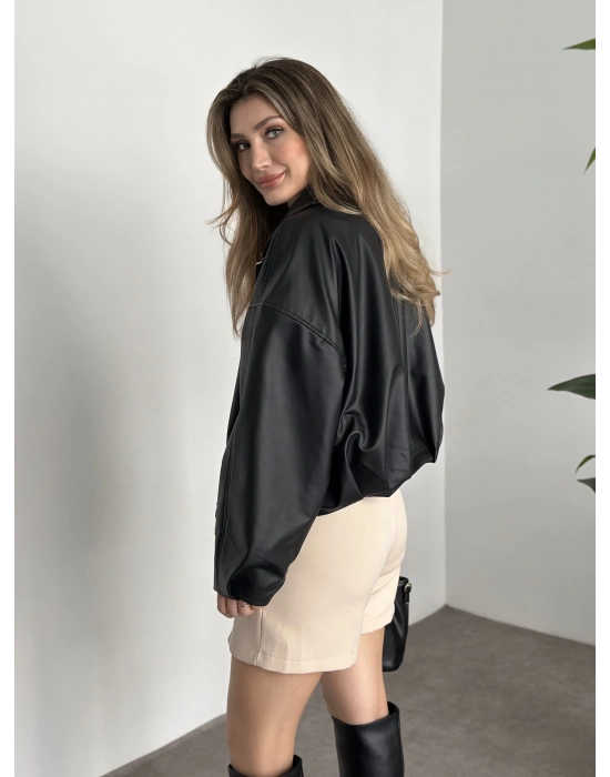 Marka model oversize kesim kemerli deri mont siyah