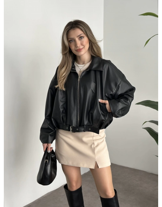Marka model oversize kesim kemerli deri mont siyah