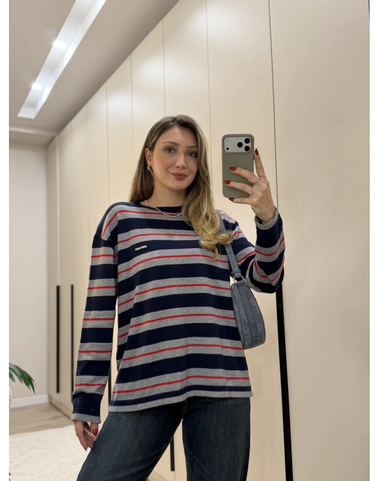 Marka model çizgili yumuşak triko lacivert