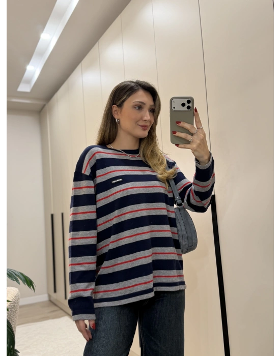 Marka model çizgili yumuşak triko lacivert