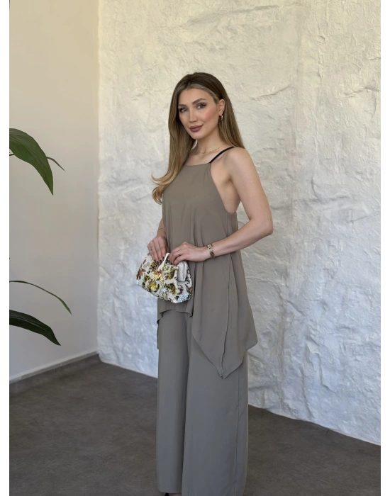 Marka model Halter yaka asimetrik kesim tulum haki