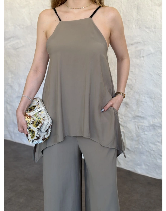 Marka model Halter yaka asimetrik kesim tulum haki