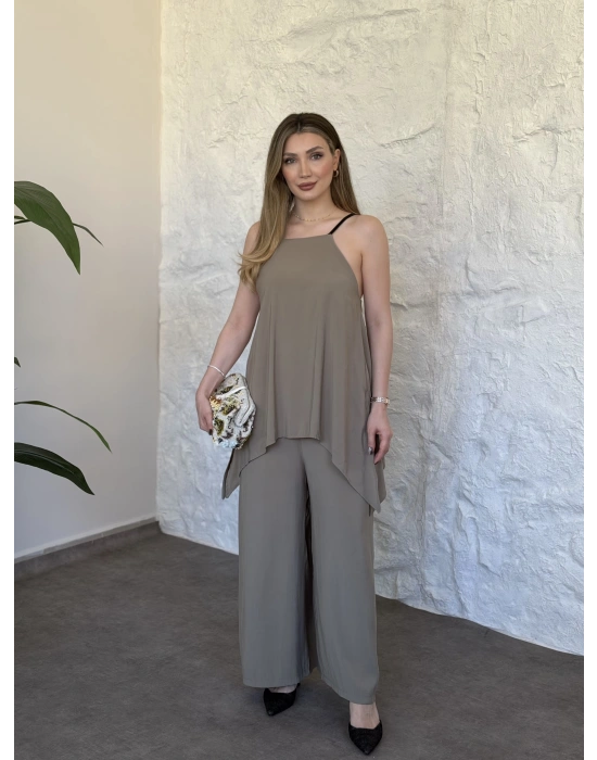 Marka model Halter yaka asimetrik kesim tulum haki