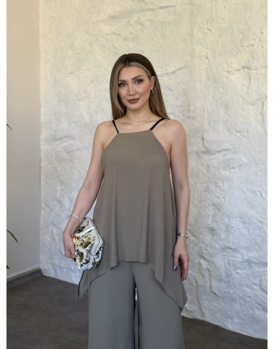 Marka model Halter yaka asimetrik kesim tulum haki