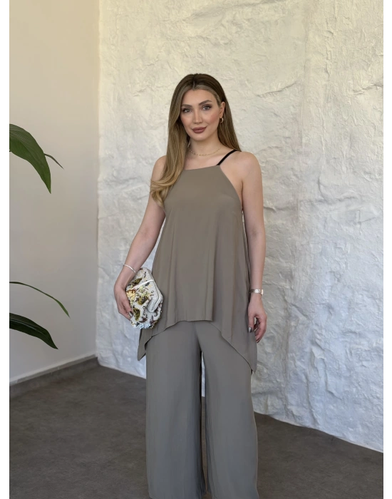 Marka model Halter yaka asimetrik kesim tulum haki