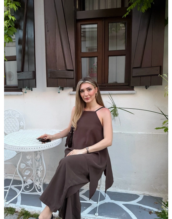 Marka model Halter yaka asimetrik kesim tulum kahve