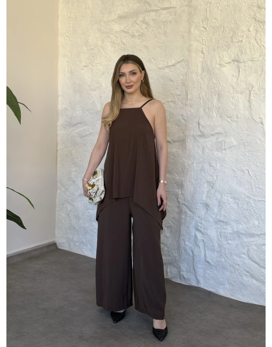 Marka model Halter yaka asimetrik kesim tulum kahve