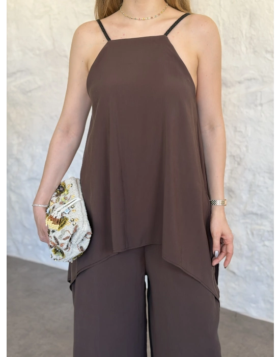 Marka model Halter yaka asimetrik kesim tulum kahve
