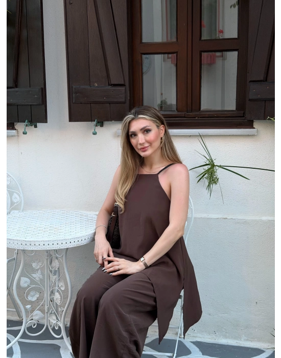 Marka model Halter yaka asimetrik kesim tulum kahve