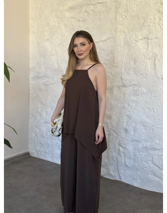 Marka model Halter yaka asimetrik kesim tulum kahve