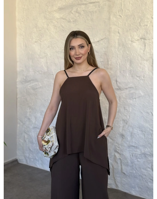 Marka model Halter yaka asimetrik kesim tulum kahve