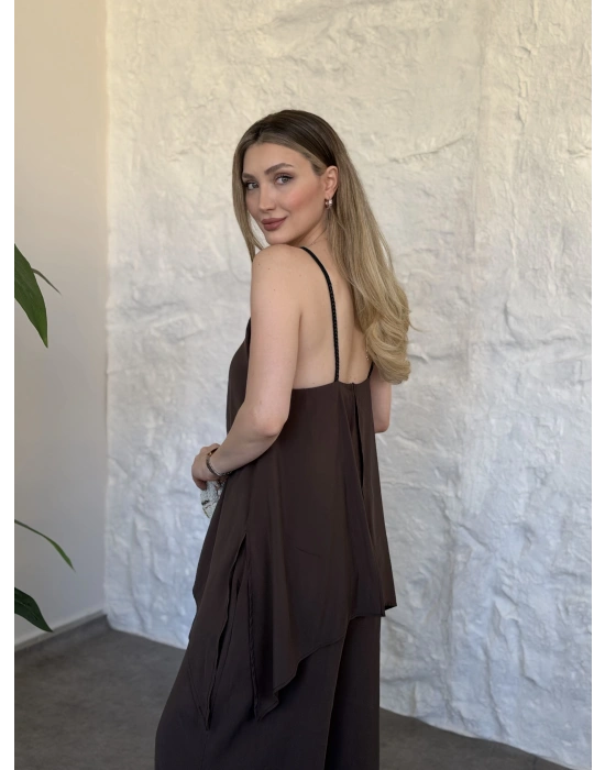 Marka model Halter yaka asimetrik kesim tulum kahve