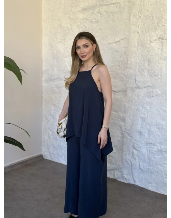 Marka model Halter yaka asimetrik kesim tulum lacivert