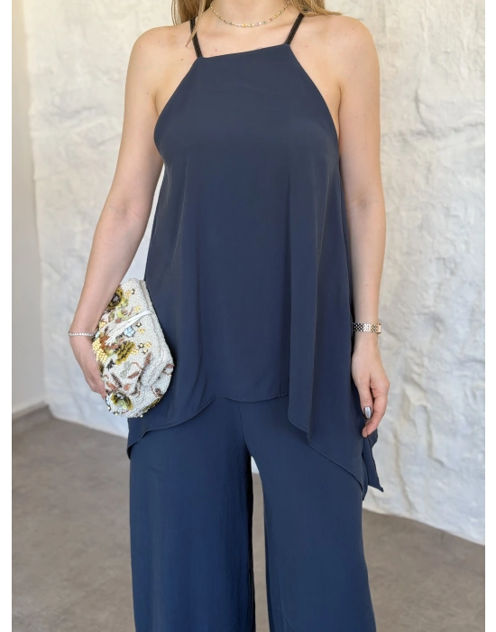Marka model Halter yaka asimetrik kesim tulum lacivert