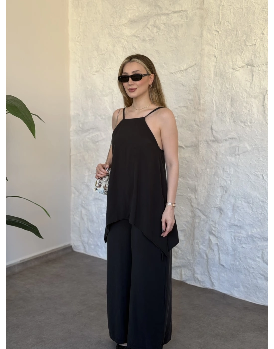 Marka model Halter yaka asimetrik kesim tulum siyah