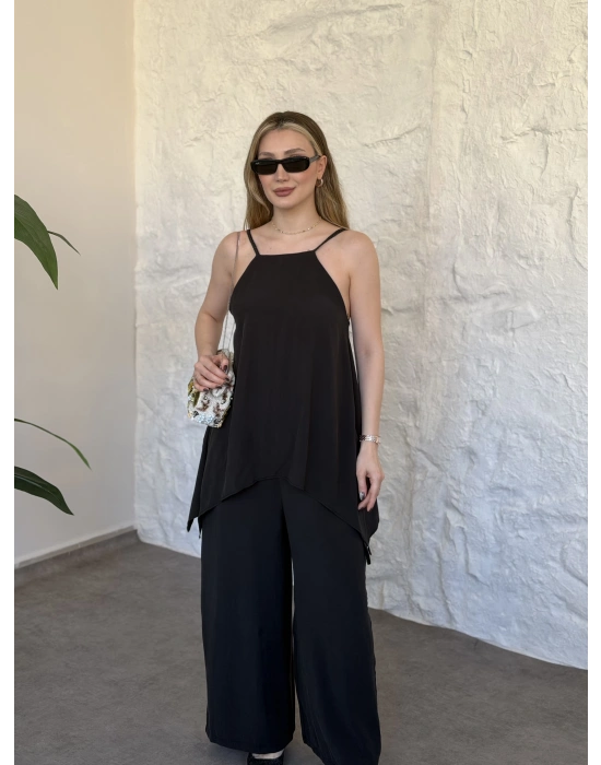 Marka model Halter yaka asimetrik kesim tulum siyah