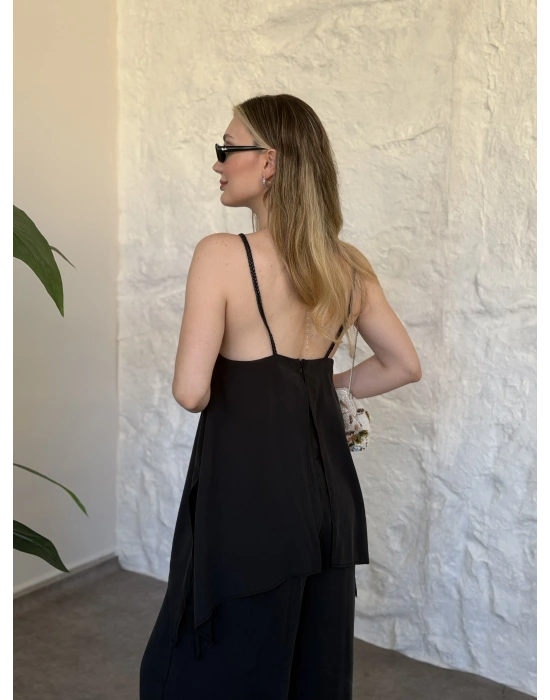 Marka model Halter yaka asimetrik kesim tulum siyah