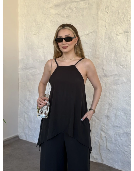 Marka model Halter yaka asimetrik kesim tulum siyah