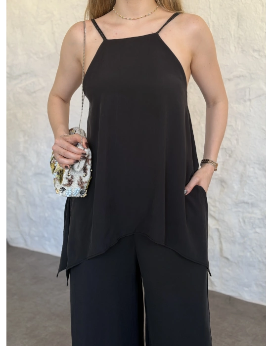 Marka model Halter yaka asimetrik kesim tulum siyah