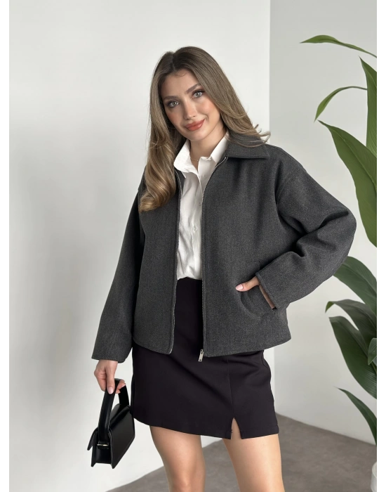 Marka model kısa astarlı kaşe ceket antrasit