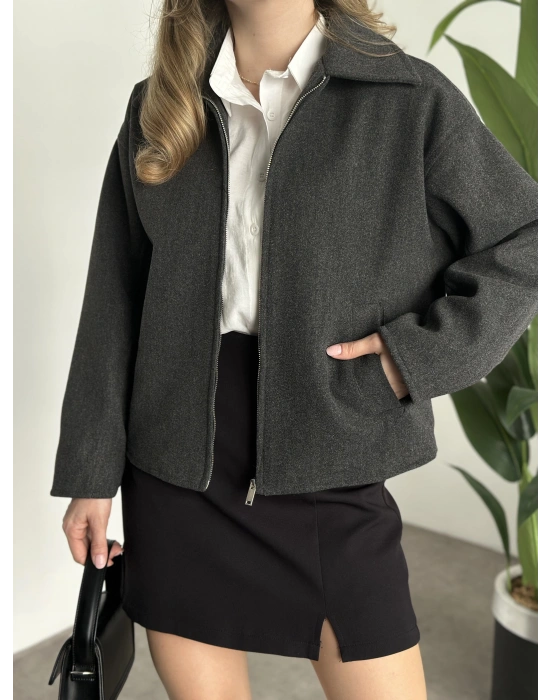 Marka model kısa astarlı kaşe ceket antrasit