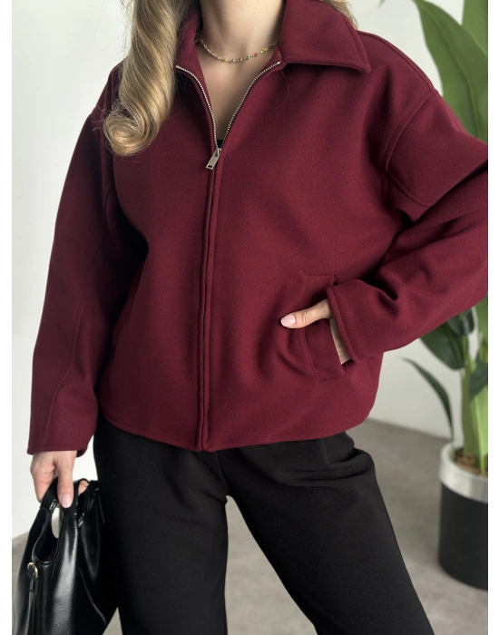 Marka model kısa astarlı kaşe ceket bordo