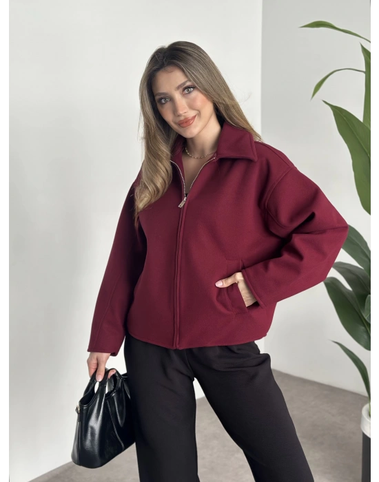 Marka model kısa astarlı kaşe ceket bordo
