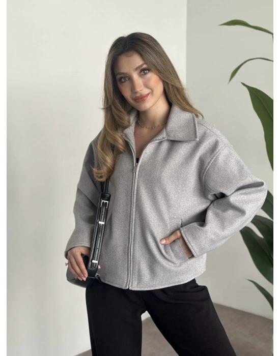 Marka model kısa astarlı kaşe ceket gri