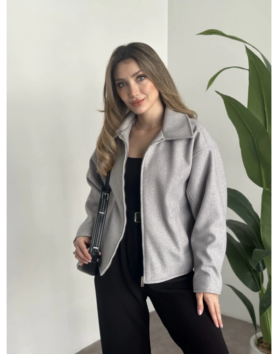 Marka model kısa astarlı kaşe ceket gri