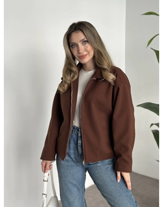 Marka model kısa astarlı kaşe ceket kahve
