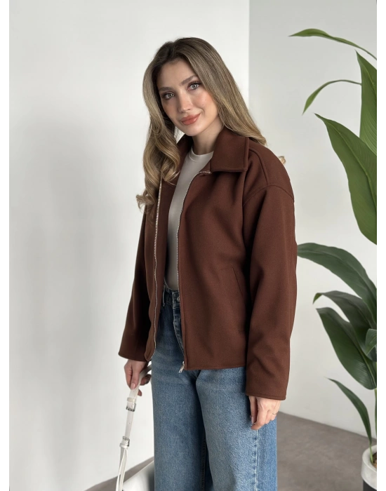 Marka model kısa astarlı kaşe ceket kahve