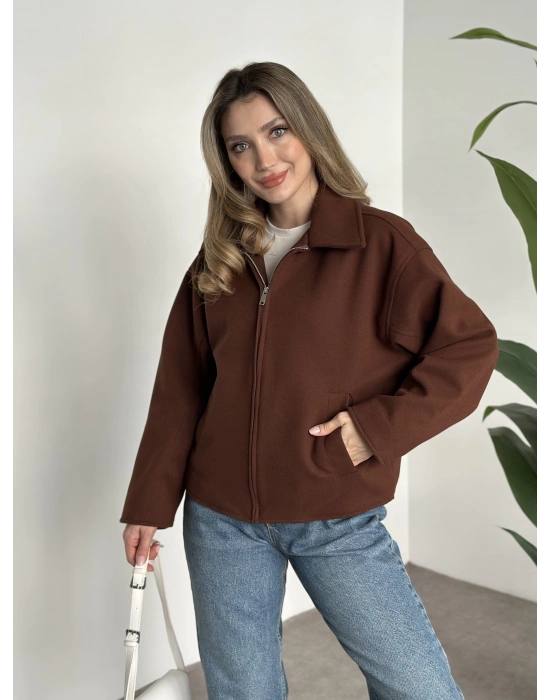 Marka model kısa astarlı kaşe ceket kahve