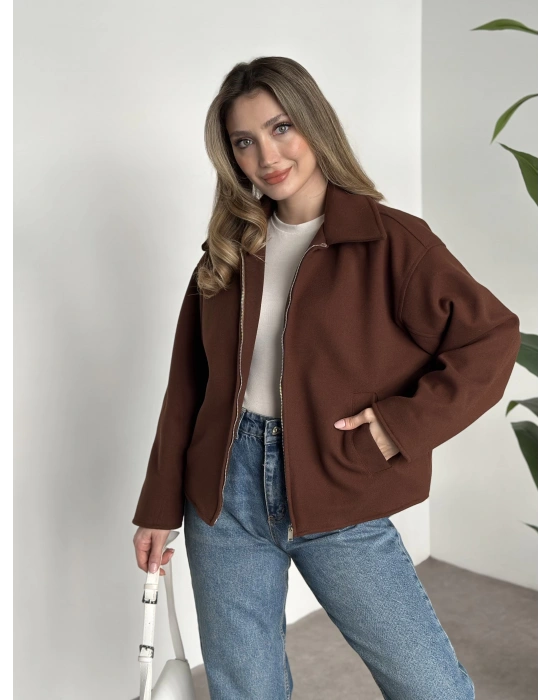 Marka model kısa astarlı kaşe ceket kahve