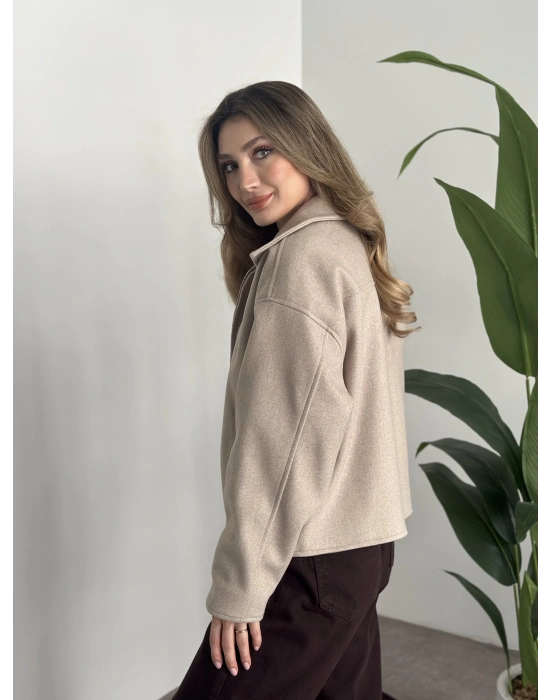 Marka model kısa astarlı kaşe ceket krem