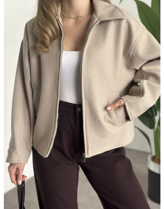 Marka model kısa astarlı kaşe ceket krem