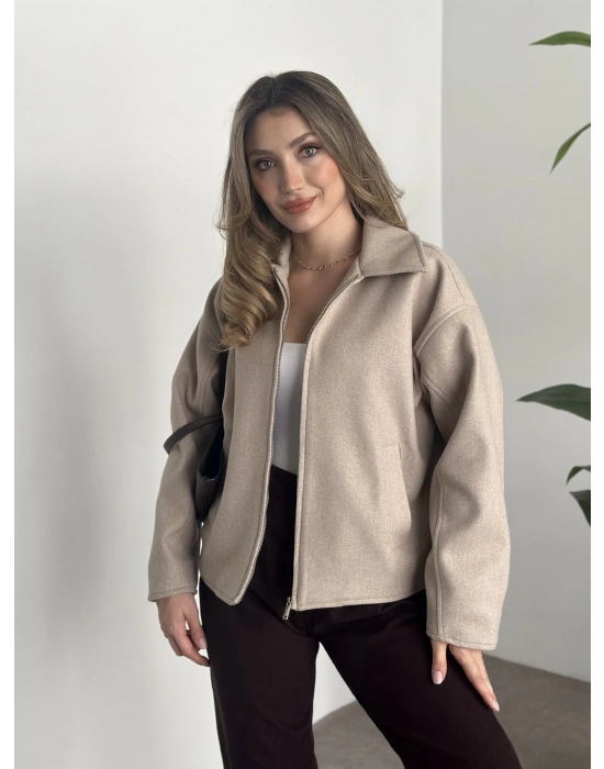 Marka model kısa astarlı kaşe ceket krem