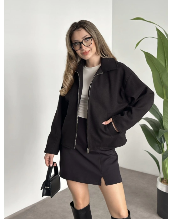 Marka model kısa astarlı kaşe ceket siyah