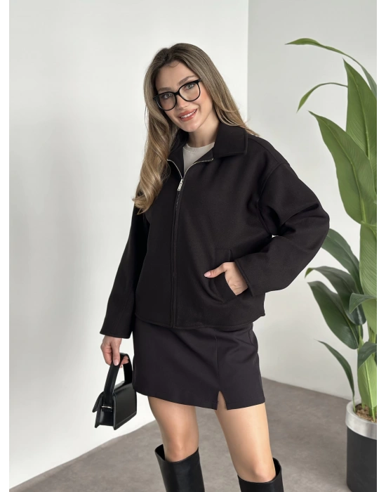 Marka model kısa astarlı kaşe ceket siyah