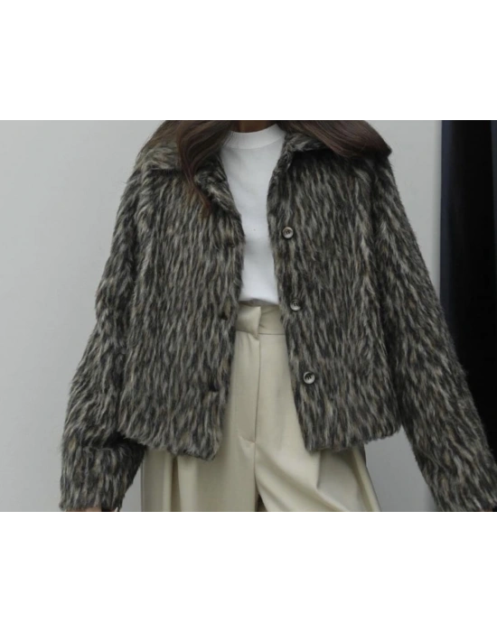 Marka model leopar desenli tüylü kaşe ceket