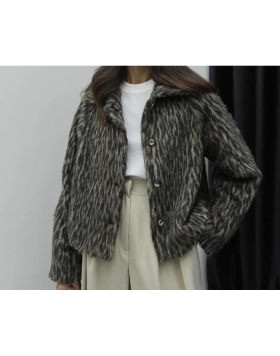 Marka model leopar desenli tüylü kaşe ceket