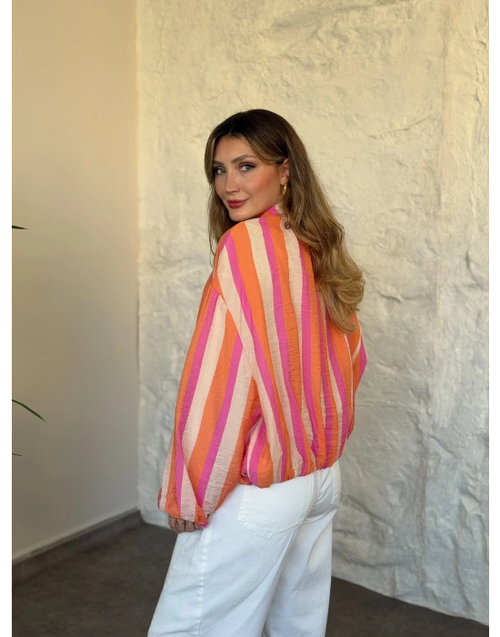 Marka model renkli çizgili fermuarlı bluz ceket